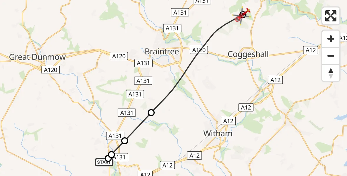 Flight route Air Ambulance Helicopter Broomfield Hospital - Earls Colne Airfield, 29 April 2026, 13:38