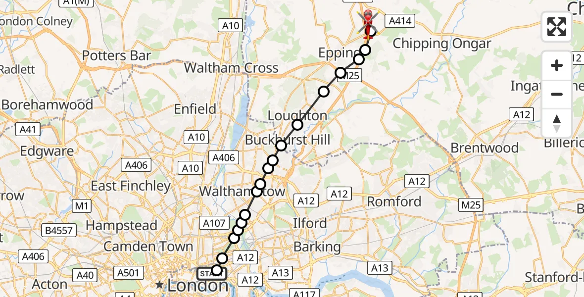 Flight route Air Ambulance Helicopter Royal London Hospital - North Weald Airfield, 29 April 2026, 13:44