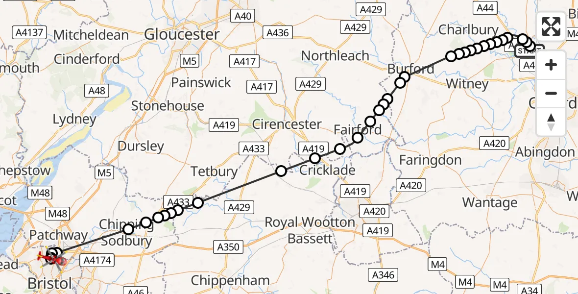 Flight path map showing Air Ambulance Helicopter route from London Oxford Airport to Bristol
