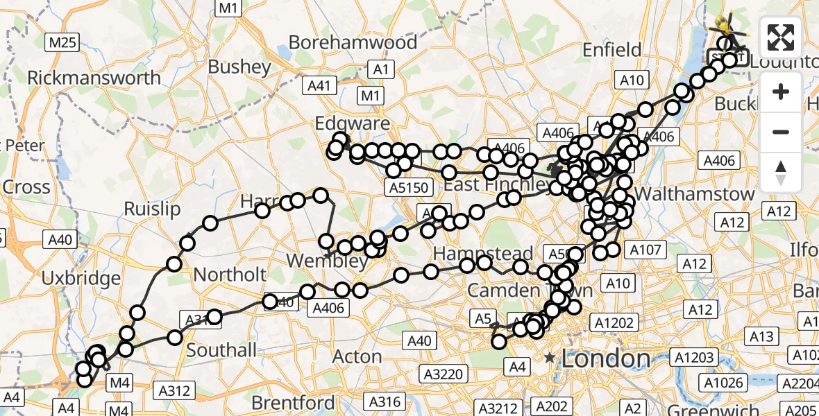Flight path map showing Police Helicopter route from Chingford to Sewardstonebury