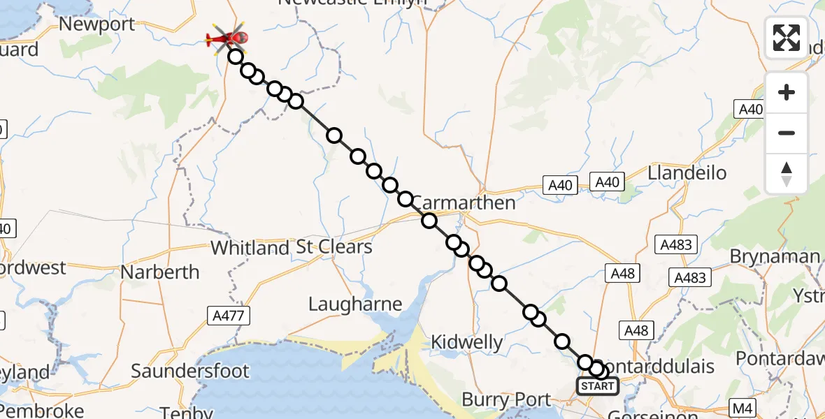 Flight path map showing Air Ambulance Helicopter route from Dafen to Blaenffos