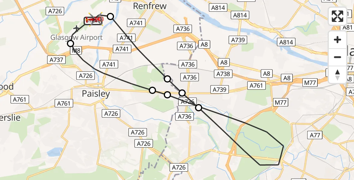 Flight route Air Ambulance Helicopter Glasgow Airport - Glasgow Airport, 29 April 2026, 13:50