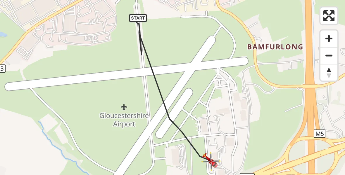 Flight path map showing Air Ambulance Helicopter route from Gloucestershire Airport to Tewkesbury