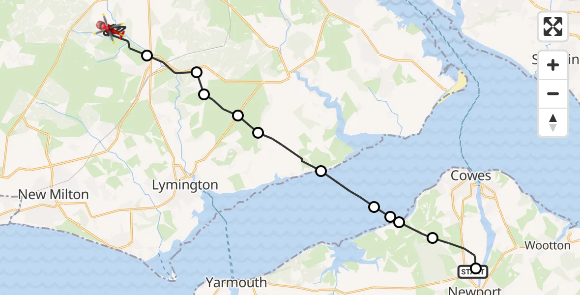 Flight path map showing Air Ambulance Helicopter route from St Marys Hospital Isle Of Wight to Brockenhurst