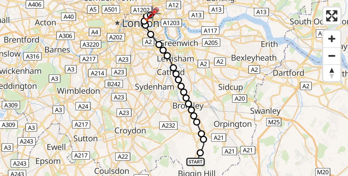Flight route Air Ambulance Helicopter London Biggin Hill Airport - Royal London Hospital, 29 April 2026, 13:55