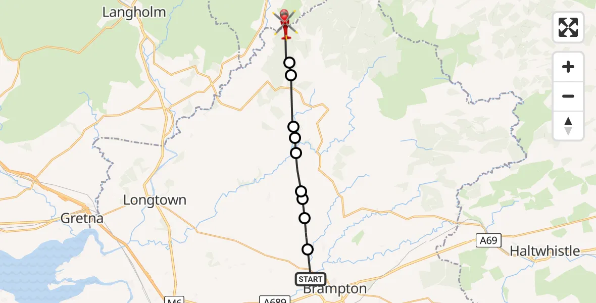 Flight route Air Ambulance Helicopter Brampton - Scottish Borders, 29 April 2026, 14:01