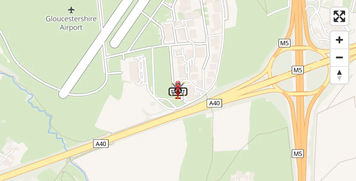 Flight path map showing Air Ambulance Helicopter route from Gloucestershire Airport to Tewkesbury