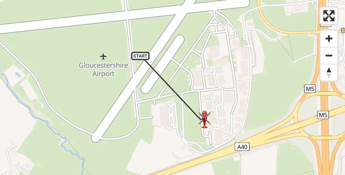 Flight path map showing Air Ambulance Helicopter route from Gloucestershire Airport to Tewkesbury