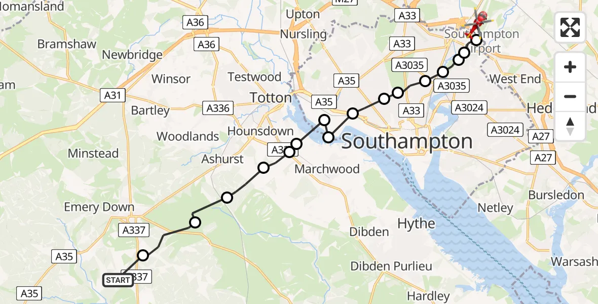 Flight path map showing Air Ambulance Helicopter route from Brockenhurst to Southampton Airport