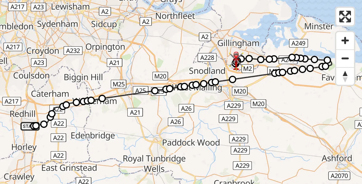 Flight route Air Ambulance Helicopter Redhill Aerodrome - Chatham, 29 April 2026, 14:10