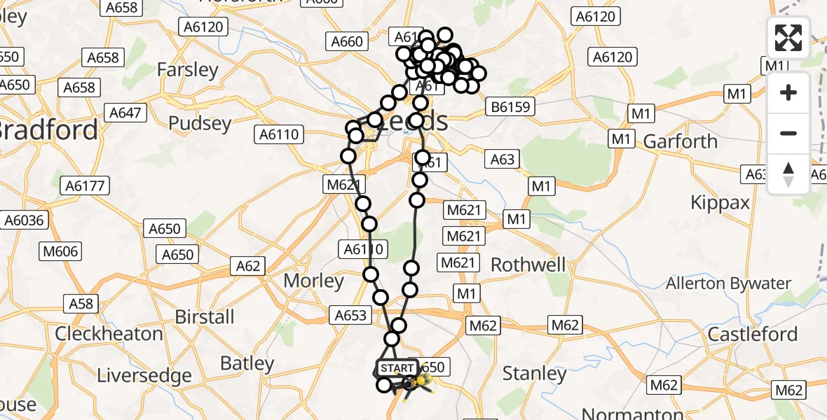 Flight path map showing Police Helicopter route from East Ardsley to Wrenthorpe