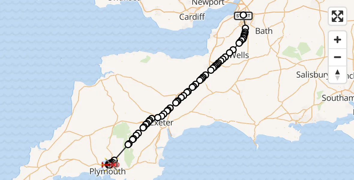 Flight route Air Ambulance Helicopter Southmead Hospital - Derriford Hospital, 29 April 2026, 14:25