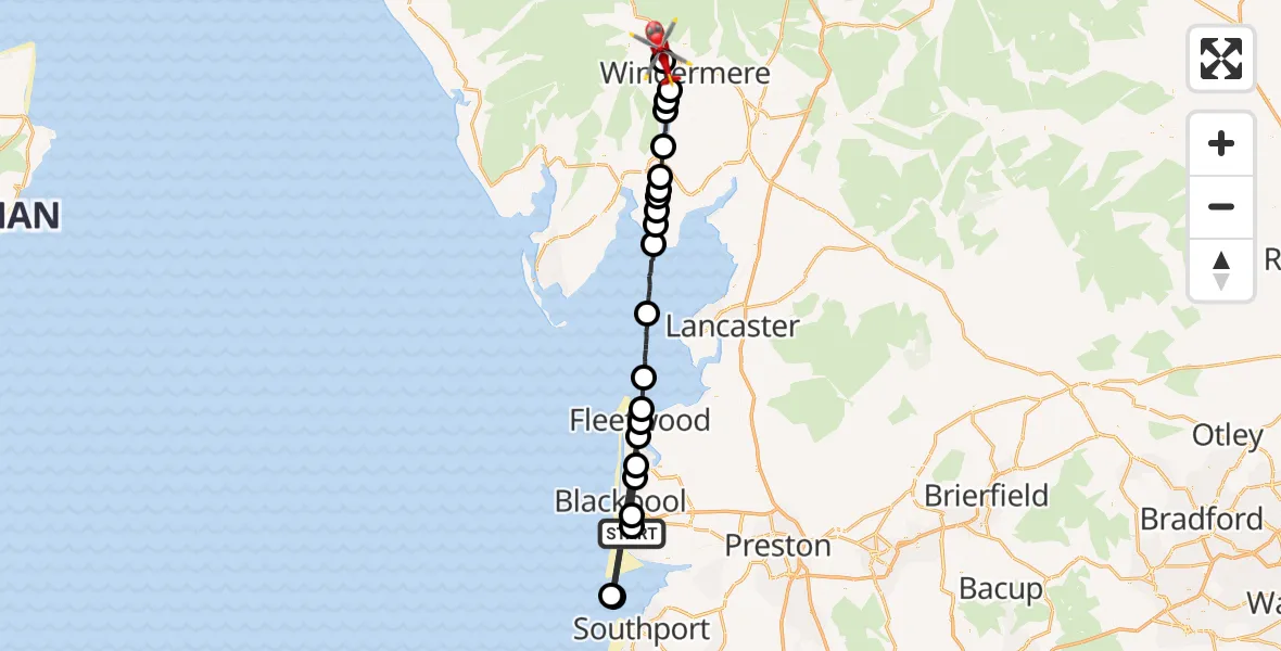 Flight route Air Ambulance Helicopter Blackpool Airport - Windermere, 29 April 2026, 14:31