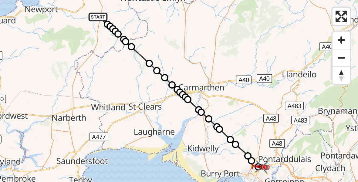 Flight path map showing Air Ambulance Helicopter route from Blaenffos to Dafen
