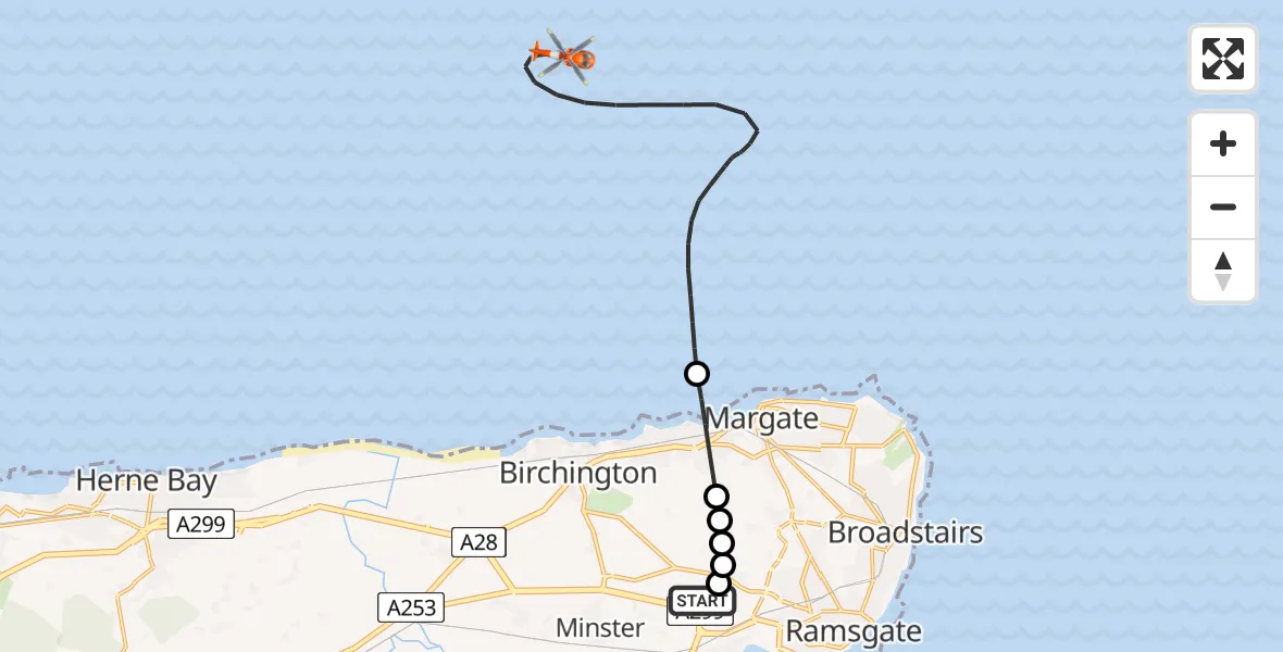Flight route Coastguard Helicopter Manston Airport - North Sea, 29 April 2026, 14:35
