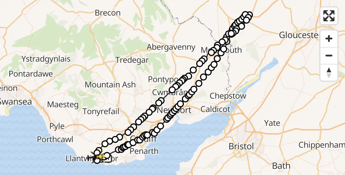 Flight path map showing Police Helicopter route from MOD St Athan to Boverton