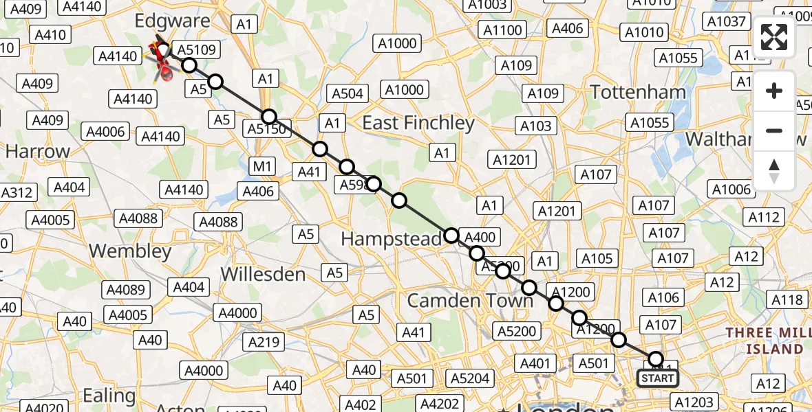 Flight route Air Ambulance Helicopter Royal London Hospital - Harrow, 29 April 2026, 14:44