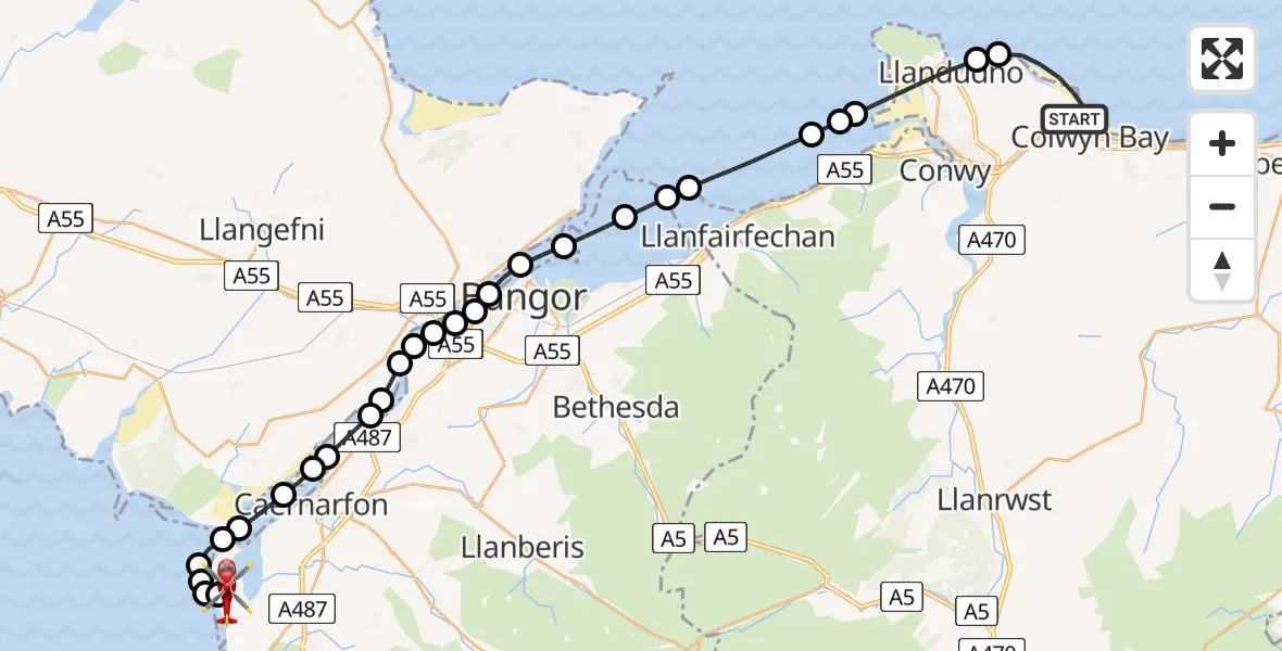 Flight route Air Ambulance Helicopter Colwyn Bay - Caernarfon Airport, 29 April 2026, 14:54