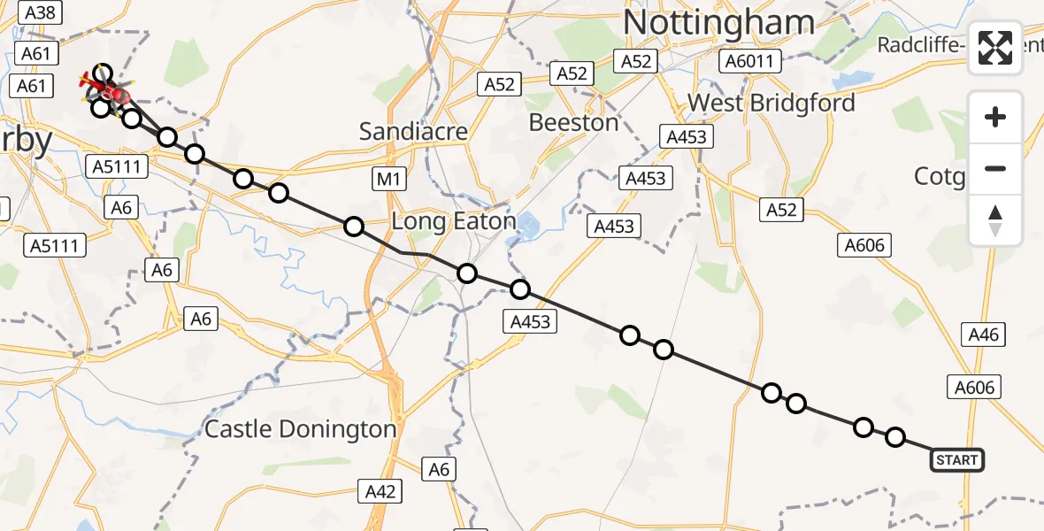 Flight path map showing Air Ambulance Helicopter route from Willoughby on the Wolds to Chaddesden