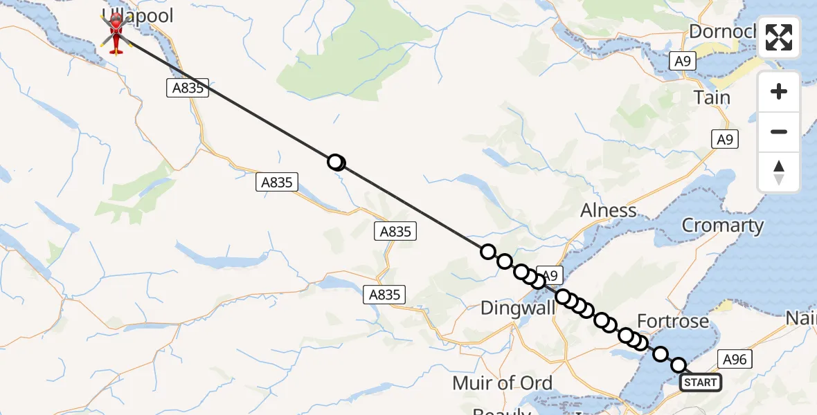 Flight path map showing Air Ambulance Helicopter route from Inverness to Dundonnell