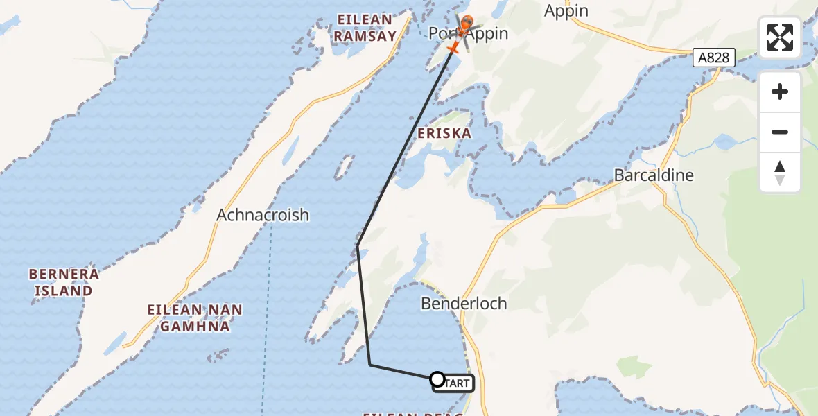 Flight path map showing Coastguard Helicopter route from Benderloch to Inner Seas