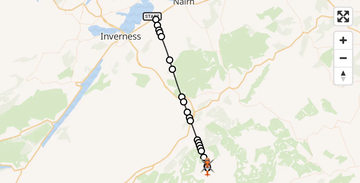 Flight path map showing Coastguard Helicopter route from Inverness Airport to Coire Bhrochain