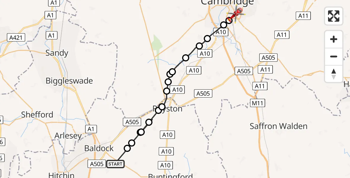 Flight path map showing Air Ambulance Helicopter route from Baldock to Cambridge