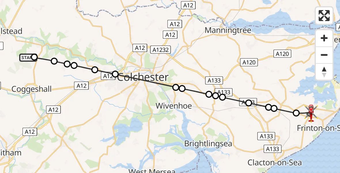 Flight route Air Ambulance Helicopter Earls Colne Airfield - Kirby Cross, 29 April 2026, 15:09