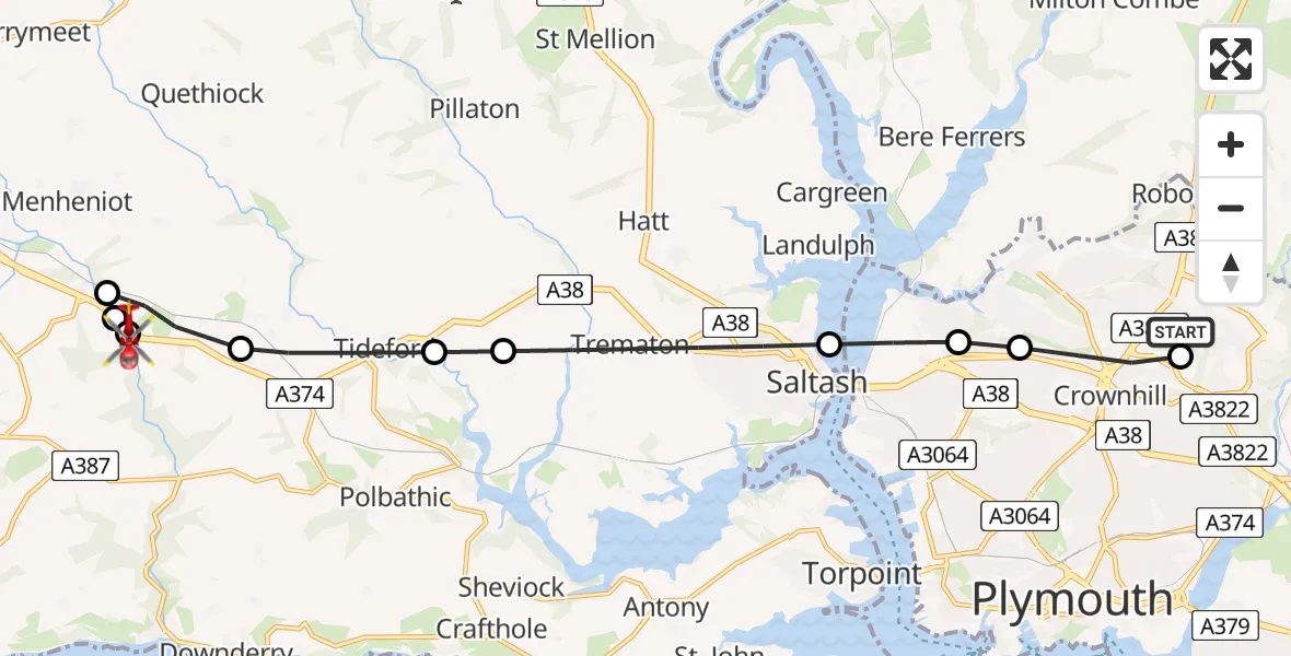 Flight route Air Ambulance Helicopter Derriford Hospital - St. Germans, 29 April 2026, 15:16