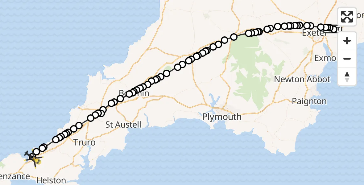 Flight route Police Helicopter Clyst Honiton - Hayle, 29 April 2026, 15:24