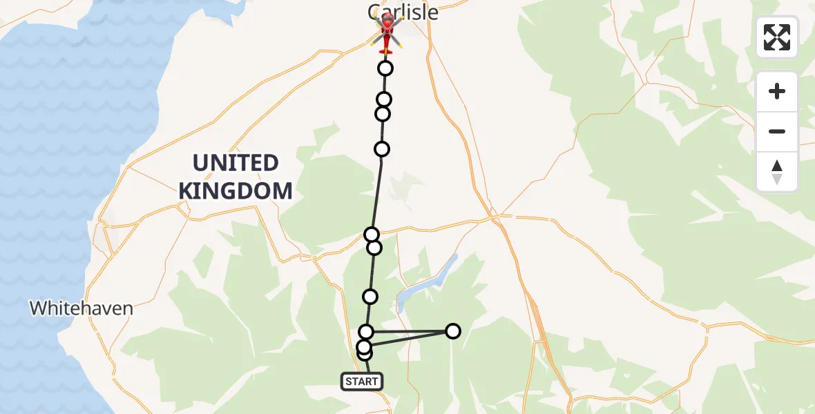 Flight path map showing Air Ambulance Helicopter route from Grasmere to Cummersdale