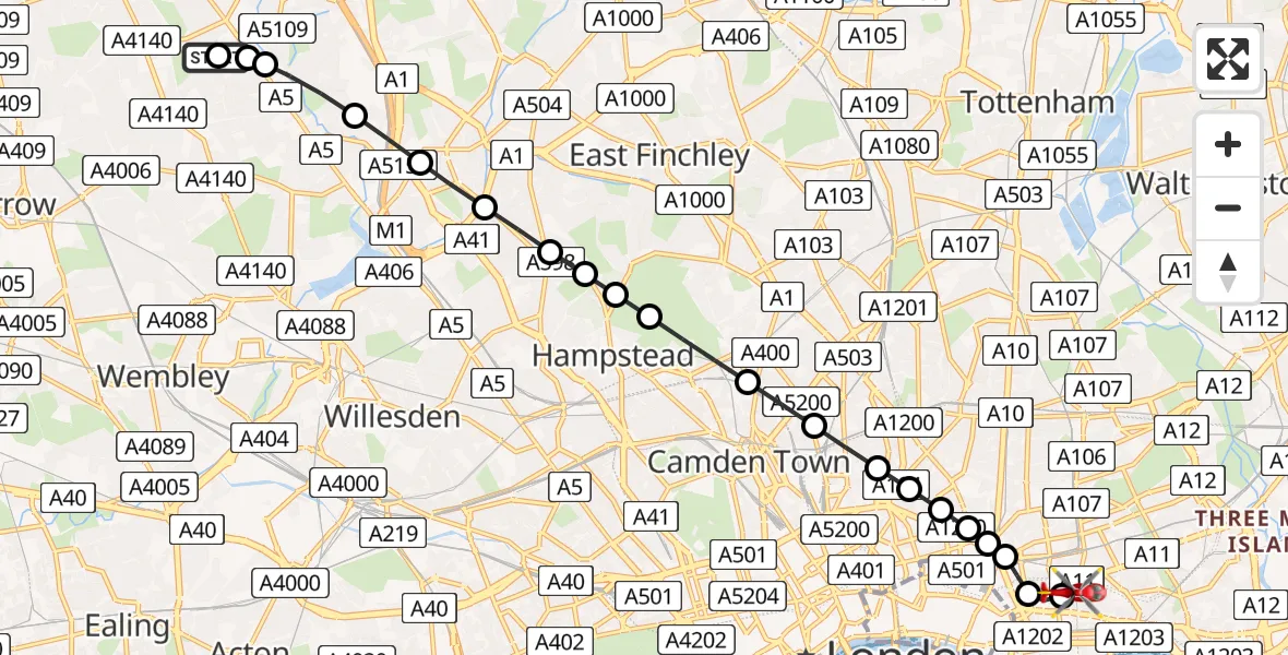Flight route Air Ambulance Helicopter Harrow - Royal London Hospital, 29 April 2026, 15:32