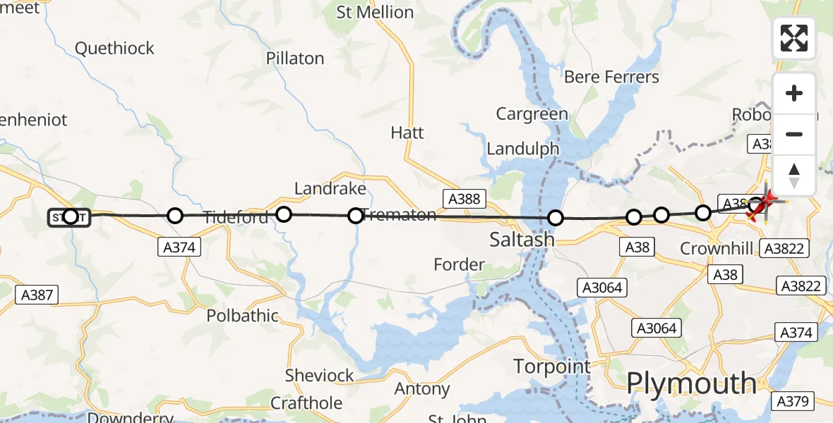 Flight route Air Ambulance Helicopter Liskeard Heliport - Derriford Hospital, 29 April 2026, 15:40