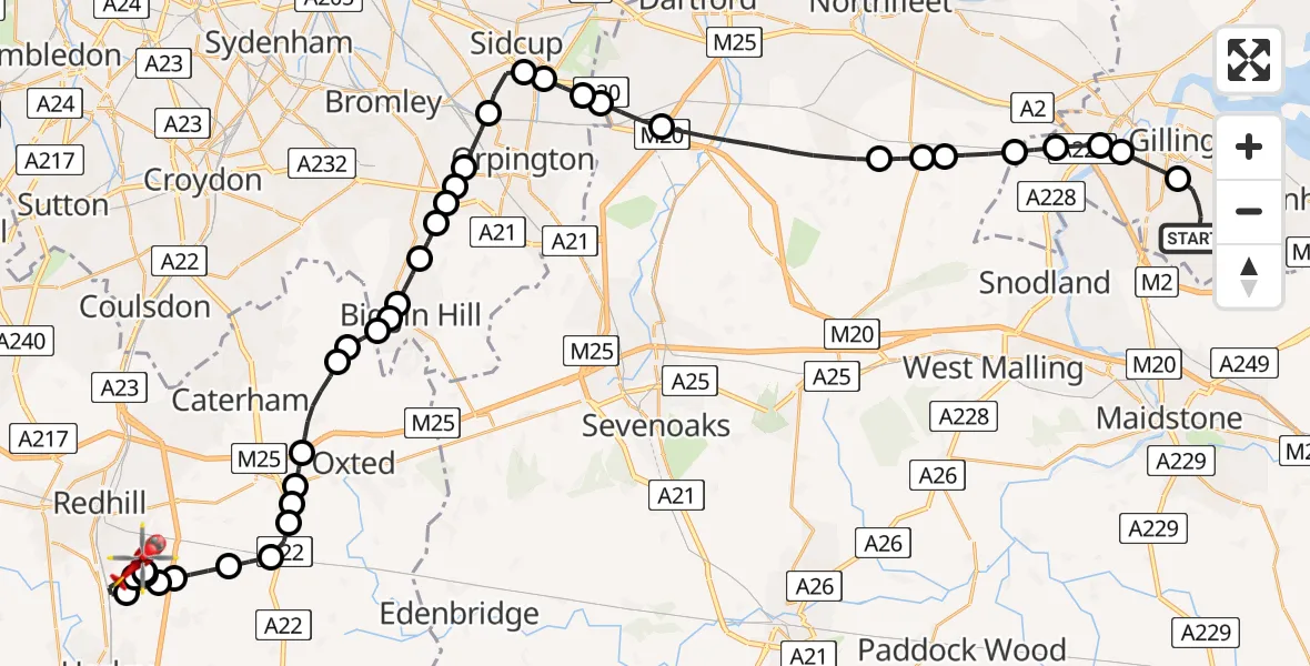 Flight route Air Ambulance Helicopter Chatham - Redhill Aerodrome, 29 April 2026, 15:47