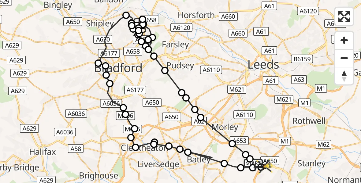 Flight route Police Helicopter East Ardsley - East Ardsley, 29 April 2026, 15:58