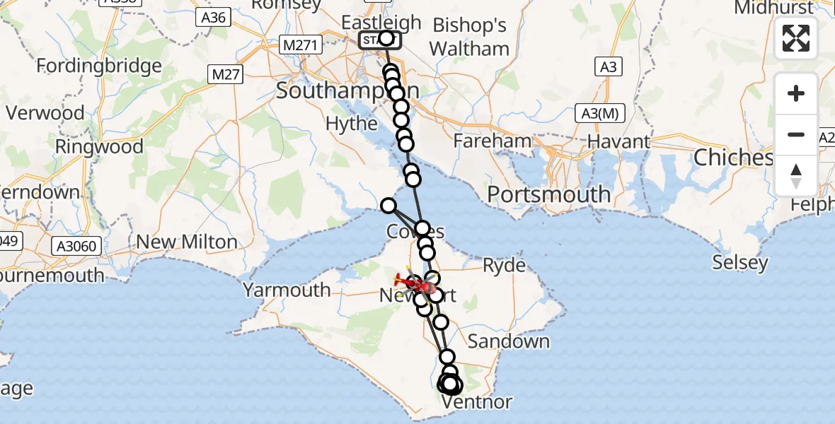 Flight route Air Ambulance Helicopter Southampton Airport - St Marys Hospital Isle Of Wight, 29 April 2026, 16:04