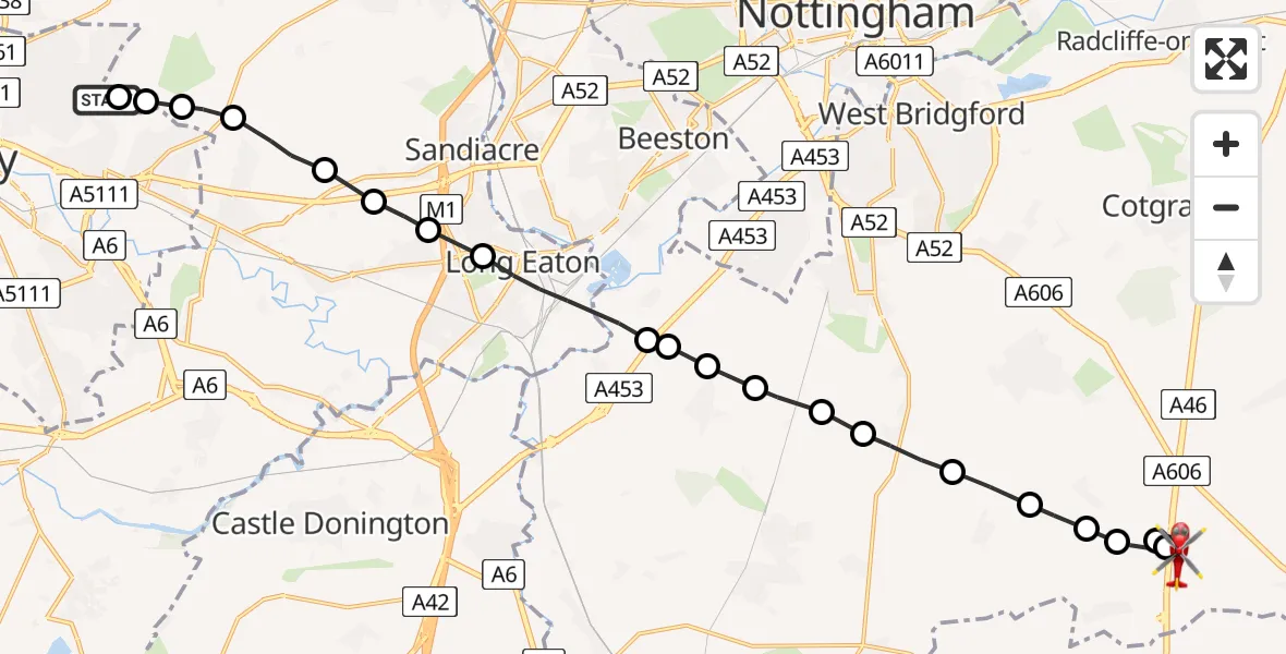 Flight path map showing Air Ambulance Helicopter route from Chaddesden to Rushcliffe