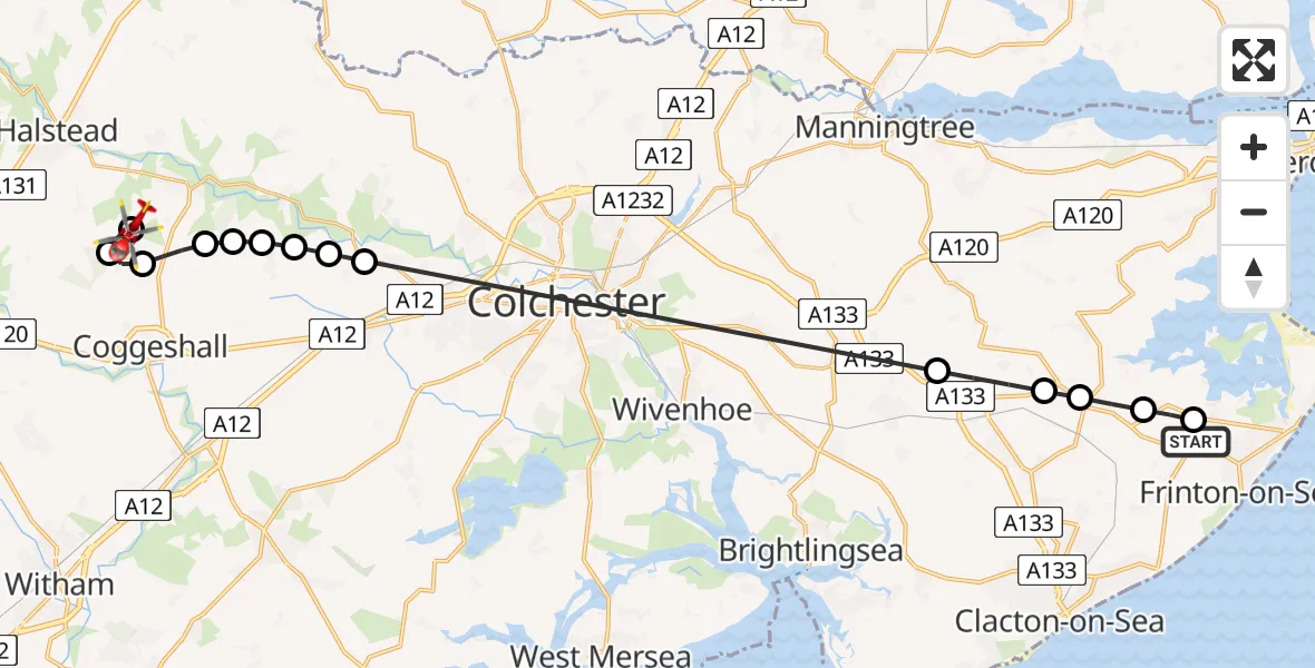 Flight route Air Ambulance Helicopter Kirby Cross - Earls Colne Airfield, 29 April 2026, 16:15