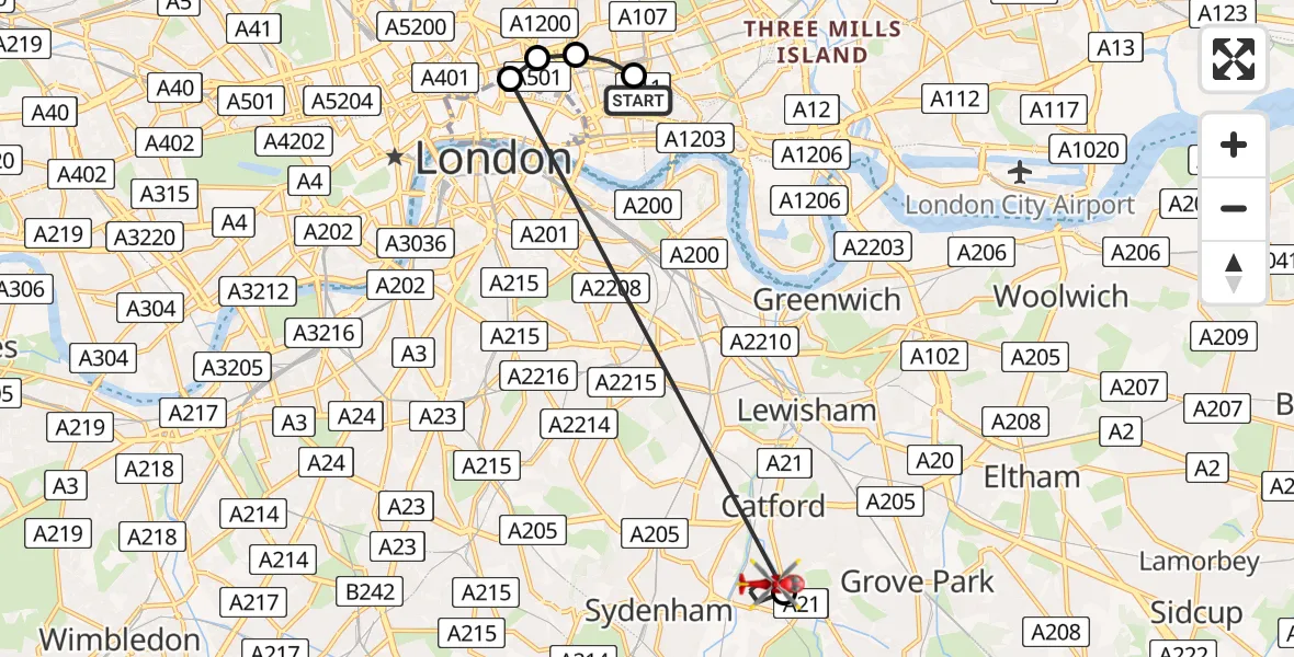 Flight route Air Ambulance Helicopter Royal London Hospital - Southend, 29 April 2026, 16:16