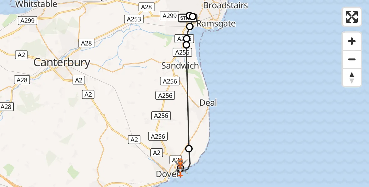 Flight route Coastguard Helicopter Manston Airport - Langdon Battery Heliport, 29 April 2026, 16:17