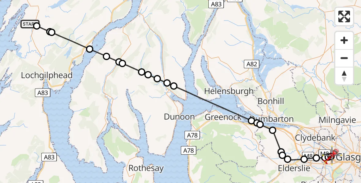 Flight route Air Ambulance Helicopter Kilmartin - Queen Elizabeth Hospital, 29 April 2026, 16:34