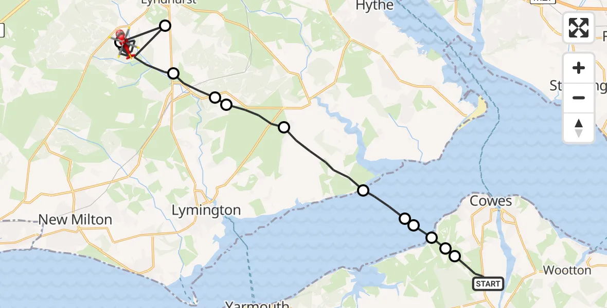 Flight path map showing Air Ambulance Helicopter route from Newport to Brockenhurst