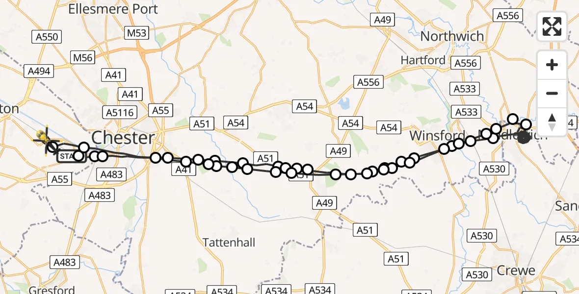 Flight route Police Helicopter Saltney Ferry - Hawarden Airport, 29 April 2026, 16:38