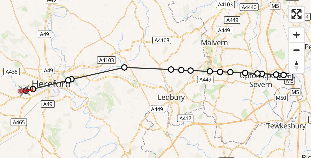 Flight route Air Ambulance Helicopter Hill Croome - Clehonger, 29 April 2026, 16:46
