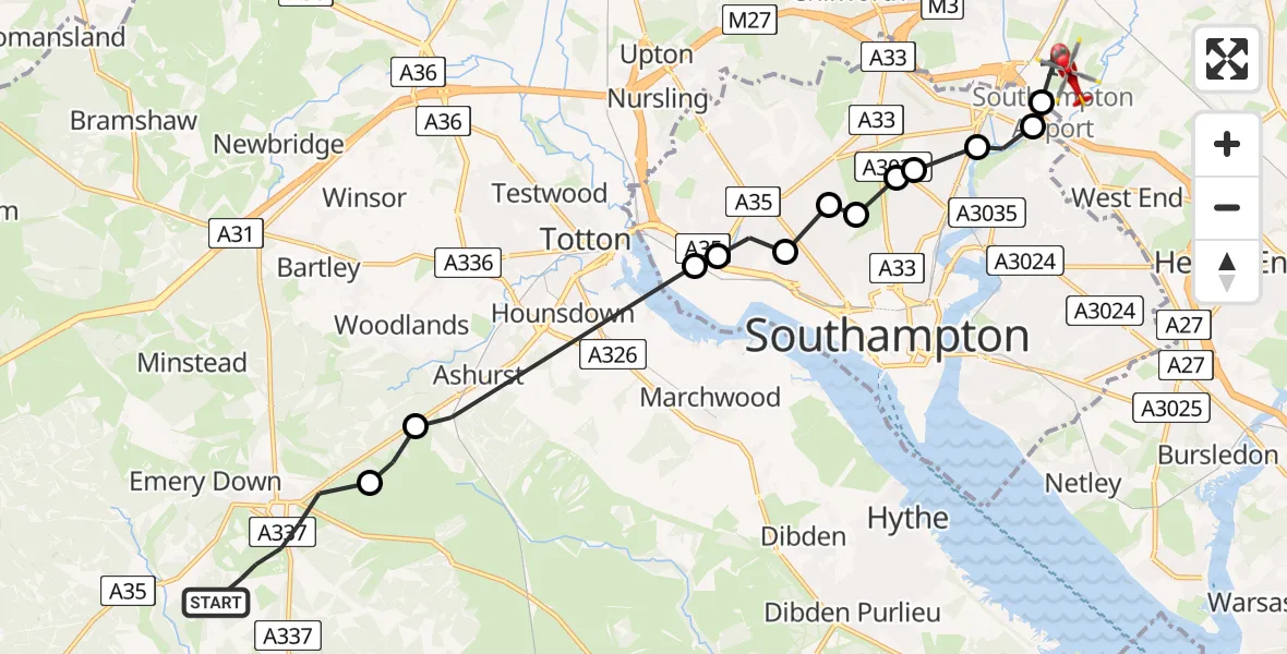 Flight path map showing Air Ambulance Helicopter route from Lyndhurst to Eastleigh