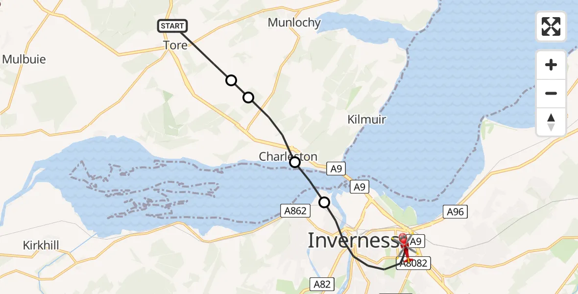 Flight path map showing Air Ambulance Helicopter route from Tore to Inverness