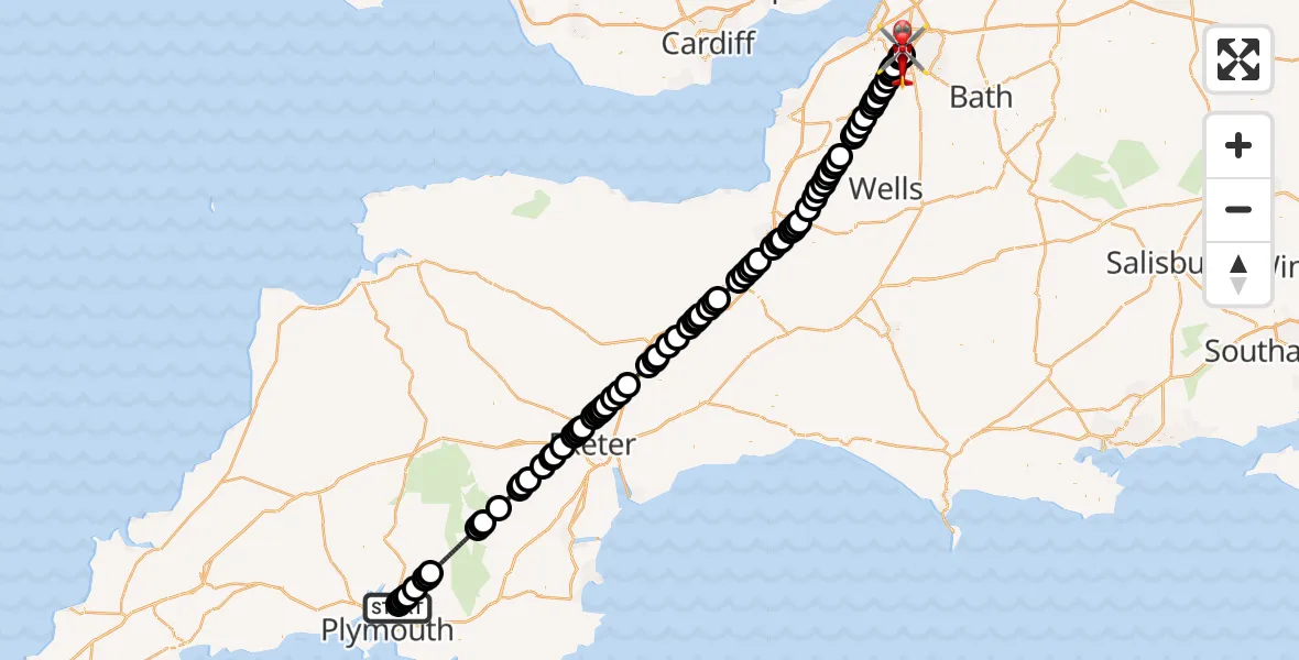 Flight route Air Ambulance Helicopter Derriford Hospital - Bristol Royal Infirmary, 29 April 2026, 17:09