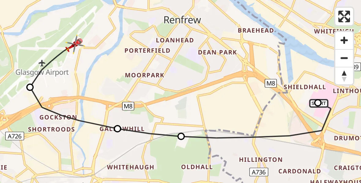 Flight route Air Ambulance Helicopter Queen Elizabeth Hospital - Glasgow Airport, 29 April 2026, 17:26