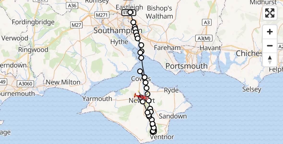 Flight route Air Ambulance Helicopter Southampton Airport - St Marys Hospital Isle Of Wight, 29 April 2026, 17:34
