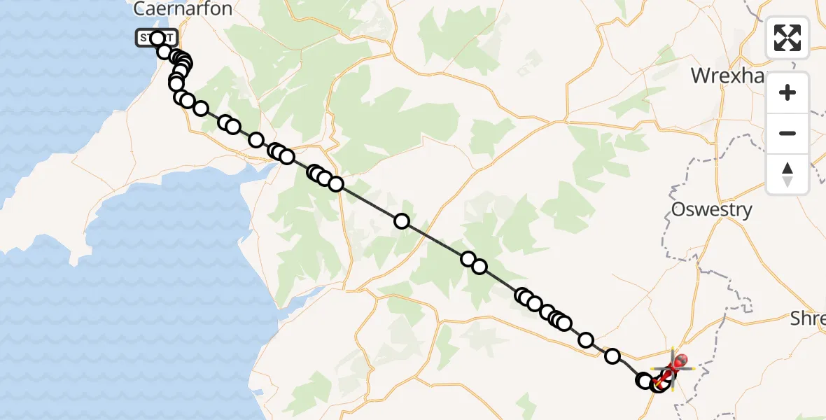 Flight route Air Ambulance Helicopter Caernarfon Airport - Welshpool Airport, 29 April 2026, 17:35